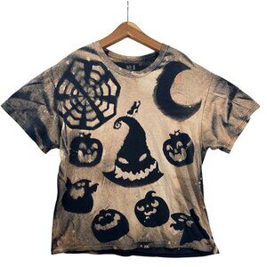 Upcycled Custom T-Shirt Sz XL Adult Halloween Bleach-Dyed Black Spooky Novelty